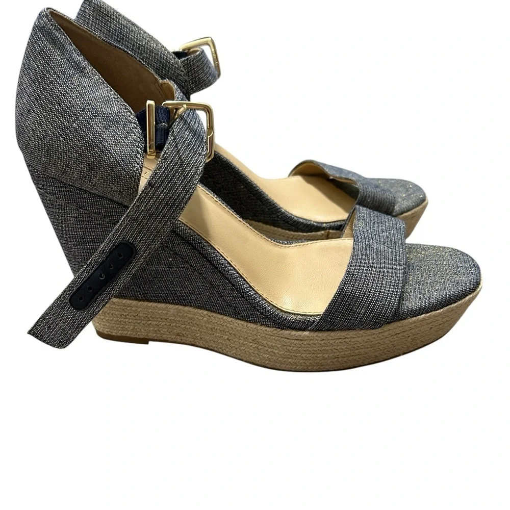 ANTONIO MELANI Lauralyn Navy Blue And Gold Wedge Sandals, Size 9M